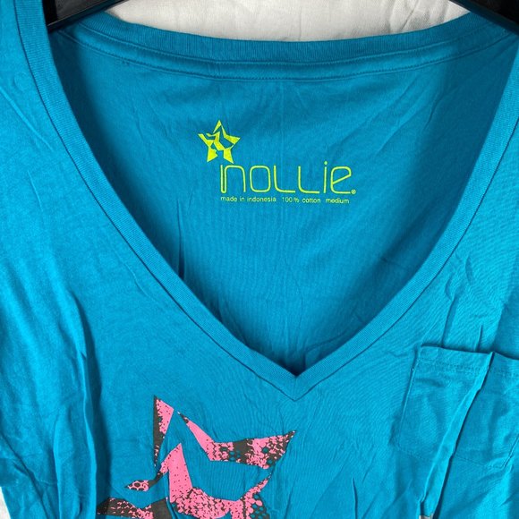 Nollie Blue Teal V-Neck Graphic T-Shirt Size M - Picture 4 of 9